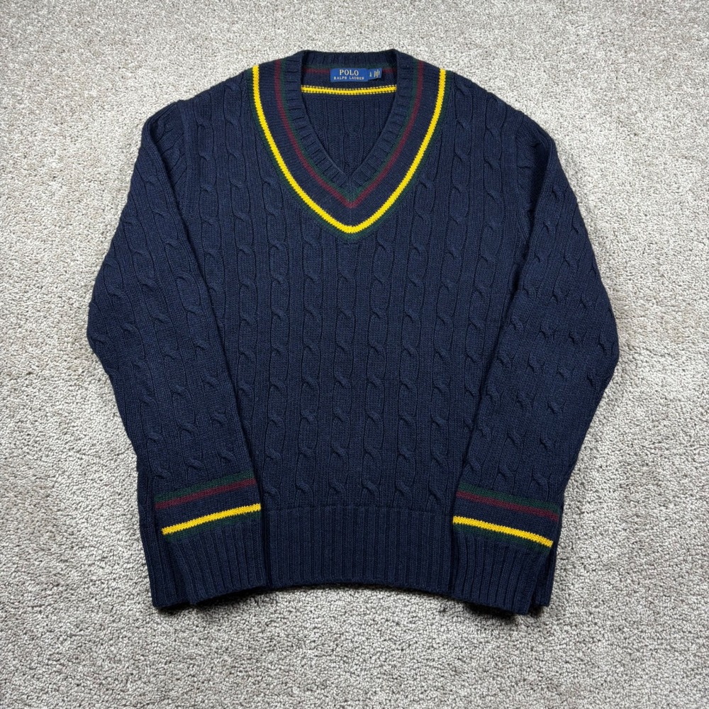 Polo Ralph Lauren Men's L Navy Blue Cotton Cashmere Cable Knit Cricket Sweater
